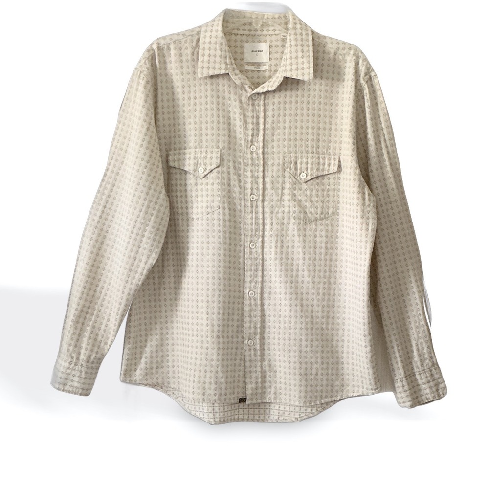 Billy Reid Standard Fit Western Shirt Mens Large Beige Geometric Print Cotton